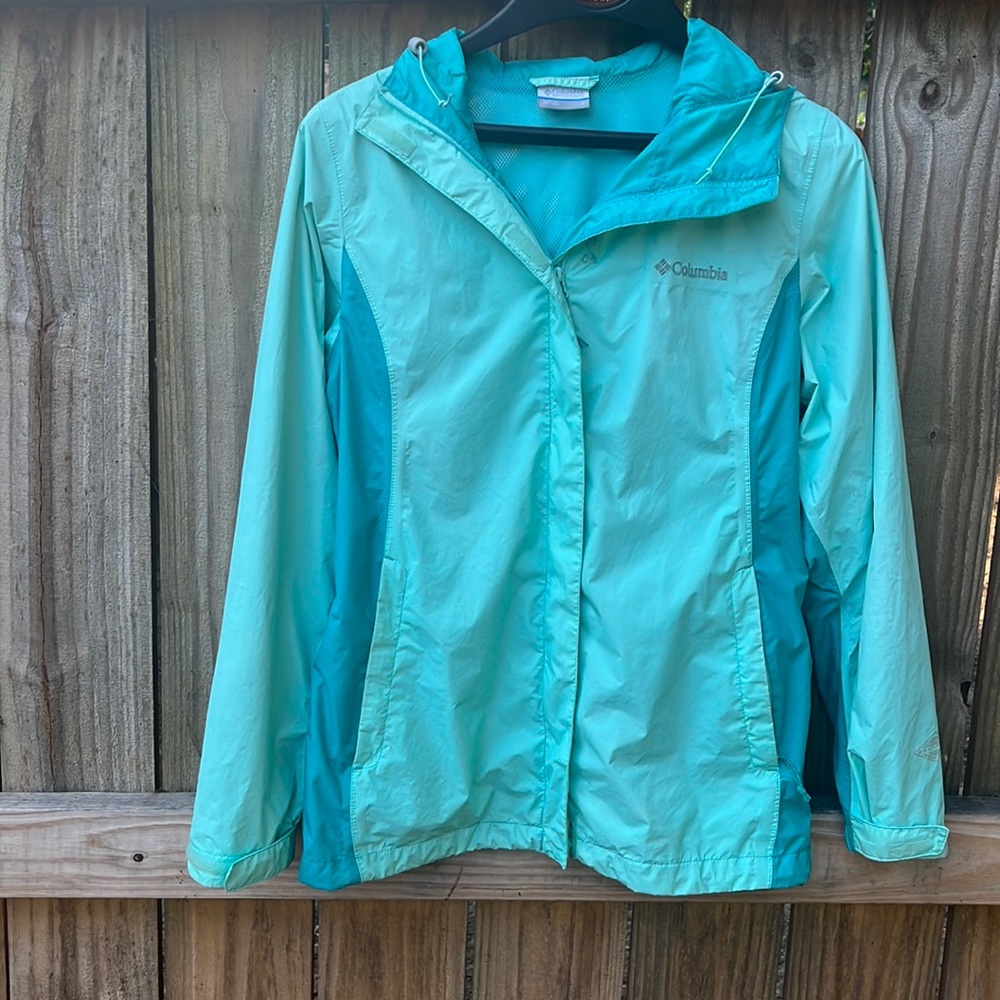 Light teal Columbia Omni-Track rain jacket, size small